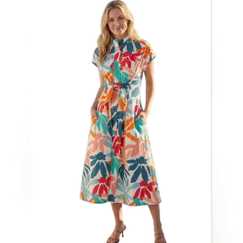 AP.NY Tropical Floral Midi Shirt Dress with Tie Waist - Multicolor - Picture 10 of 14